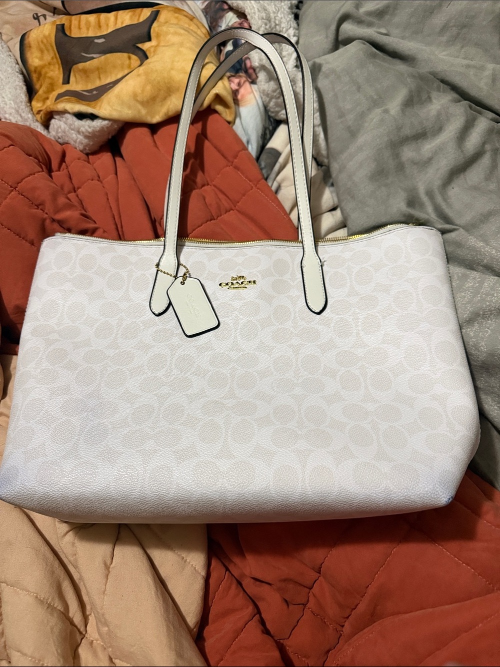 Coach White Signature Tote with Gold-Tone Logo and Trim